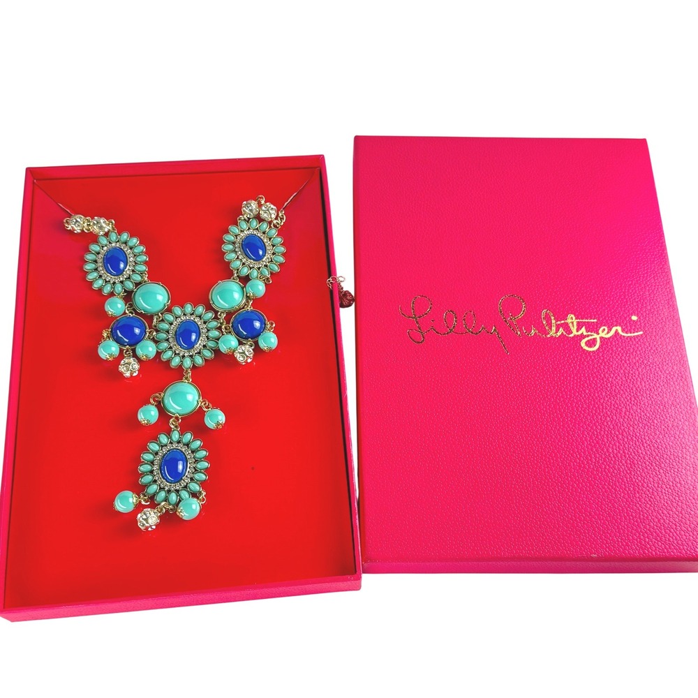 Lilly Pulitzer Dew Drop Necklace Sapphire Blue Gold Tone Sunburst Bead 82172
